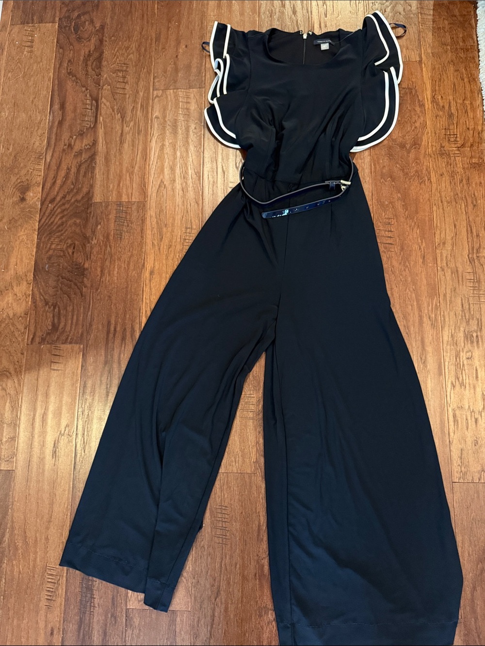 Tommy Hilfiger Black Jumpsuit with White-Trim Ruffled Sleeves